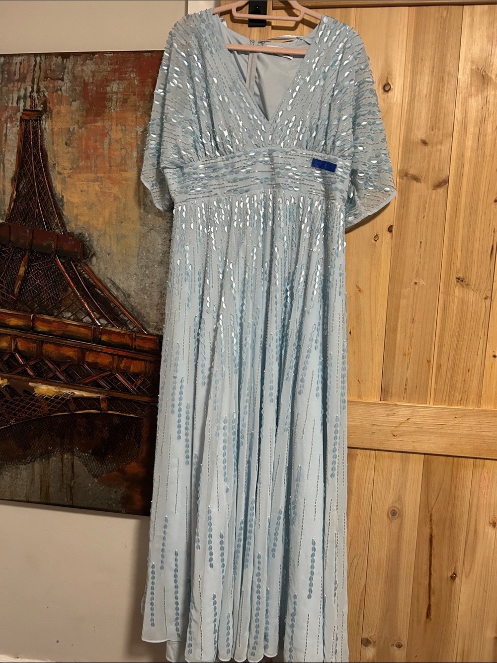 Mac Duggal Light Blue Sequined V-Neck Maxi Gown
